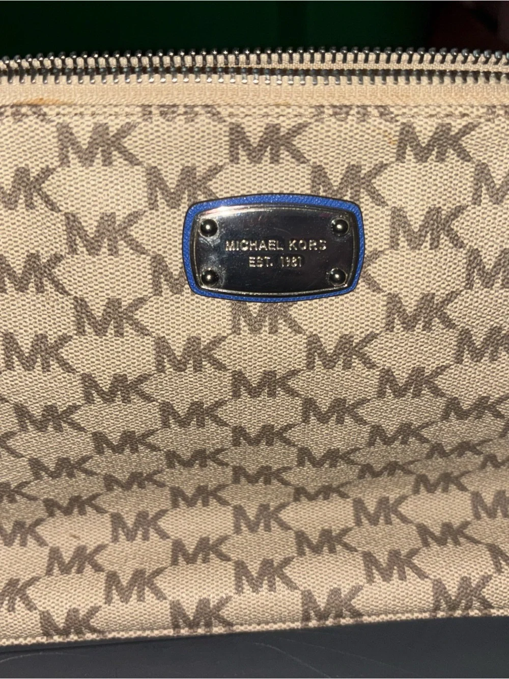 Michael Kors Beige MK Logo Crossbody with Blue Strap